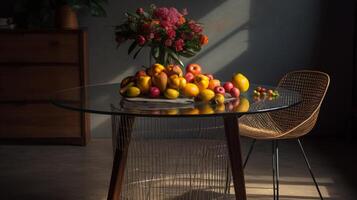 des fruits sur une luxe à manger table dans milieu du siècle rétro style avec osier chaises. ai génératif photo