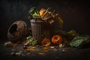 pourri des légumes sont jeté dans le poubelle. nourriture déchets et nourriture perte avoir débarrasser de nourriture déchets à Accueil sur une foncé Contexte. ai génératif photo