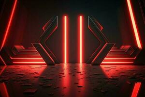 futuriste science-fiction abstrait rouge néon lumière formes sur noir Contexte et réfléchissant béton avec Vide espace pour 3d texte ai généré photo