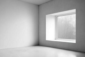 Vide blanc mur avec fenêtre et béton sol, moquer en haut ai généré photo