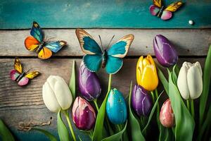 Pâques Contexte. coloré printemps tulipes avec papillons et peint des œufs sur ancien en bois planche ai généré photo