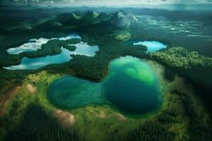 aérien vue de bleu des lacs et et collines avec vert les forêts ai généré photo