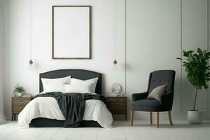 confortable chambre avec vide mur maquette conception, foncé lit et en bois chaise ai généré photo