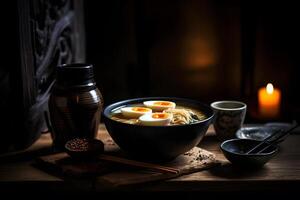 Japonais ramen soupe avec poulet, œuf, ciboulette et germer sur foncé en bois. neural réseau ai généré photo