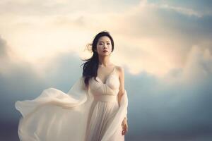 asiatique fille dans une blanc robe parmi le des nuages. neural réseau ai généré photo