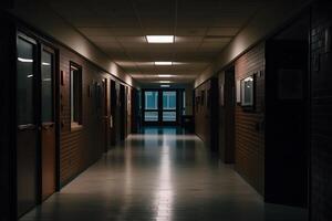 foncé couloir ou couloir avec beaucoup des portes, ancien tonique. neural réseau ai généré photo