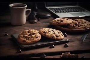 Chocolat biscuits sur en bois table fermer. neural réseau ai généré photo