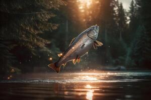 poisson sauter en dehors de le l'eau. neural réseau ai généré photo