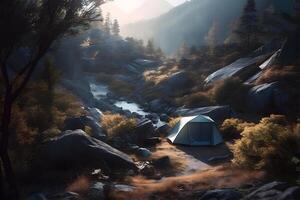 camping dans le montagnes. neural réseau ai généré photo