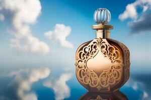 magnifique parfum bouteille contre le Contexte de le ciel et des nuages. neural réseau ai généré art photo