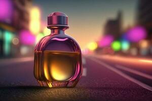 parfum bouteille contre le toile de fond de nuit ville lumières. neural réseau généré art photo