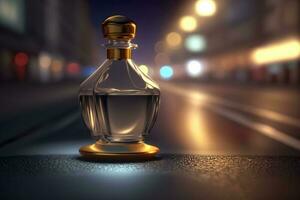 parfum bouteille contre le toile de fond de nuit ville lumières. neural réseau généré art photo