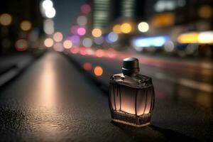 parfum bouteille contre le toile de fond de nuit ville lumières. neural réseau généré art photo