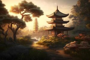 Japonais la nature paysage avec montagnes et échelonné la tour. neural réseau ai généré photo