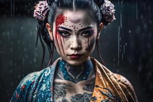 Japonais geisha avec tatouage. neural réseau ai généré photo