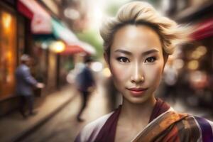 portrait de une Japonais femme dans nationale vêtements. neural réseau ai généré photo