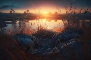 herbe rempli avec rosée sur une lever du soleil Matin. neural réseau ai généré photo