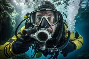 Masculin scaphandre autonome plongeur sous-marin. neural réseau ai généré photo