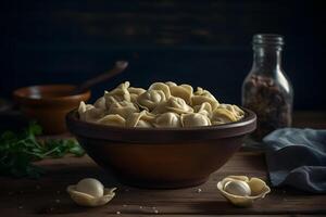 délicieux Dumplings dans le pot sur le tableau. neural réseau ai généré photo