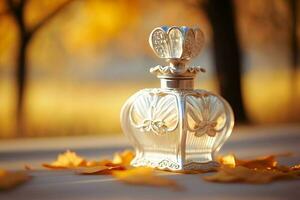 verre parfum bouteille contre le toile de fond de un l'automne paysage. neural réseau généré art photo
