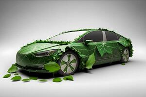 concept de une écologie voiture fabriqué de vert feuilles. neural réseau ai généré photo