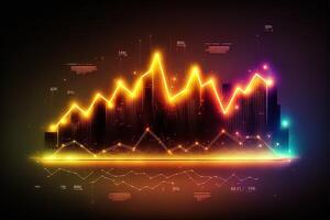 affaires économique graphiques avec lumière effets, néon. abstrait néon arrière-plan, croissance et tomber analytique. Stock marché commerce investissement chandelier graphique. la finance et économie concept. génératif ai photo