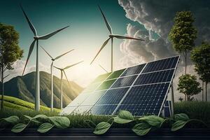 renouvelable énergie Contexte avec vert énergie comme vent turbines et solaire panneaux. vert énergie concept énergie sources durable écologie éléments génératif ai photo