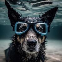 une chien nage dans nager des lunettes de protection, génératif ai. photo