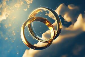 une paire de or mariage anneaux flottant dans le ciel. deux mariage anneaux flottant dans le des nuages avec une Soleil dans le Contexte et une bleu ciel avec des nuages au dessous de eux. génératif ai. mariage concept. photo