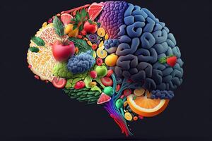 Humain cerveau fabriqué de des fruits et des légumes établi en utilisant génératif ai technologie. concept de nutritif nourriture pour cerveau santé et mémoire. illustration en bonne santé cerveau nourriture à renforcer cerveau nutrition photo