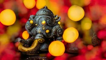 concentrer sur statue de Seigneur ganesh, ganesha festival. hindou religion et Indien fête de diwali Festival concept sur sombre, rouge, Jaune Contexte et bokeh autour photo