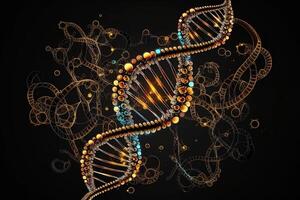 ADN hélix sur noir Contexte. génératif ai. double brin de Jaune et bleu coloré brins de une Humain. photo