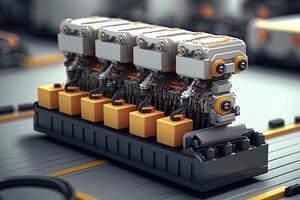 intérieur de industrie usine, robot Assemblée ligne avec électrique voiture batterie cellules module sur plateforme. génératif ai photo
