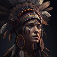 génératif ai originaire de américain femme dans cérémonial tête robe, réflexion de le silhouette de tribal les ancêtres dans sa yeux. proche en haut de coloré habillé originaire de femme isolé sur noir Contexte. photo