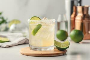 rafraîchissant classique Margarita cocktail avec citron vert et menthe sur blanc table dans blanc cuisine. fermer photo avec espace pour texte