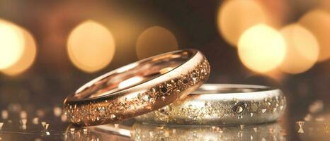 mariage anneaux avec argent et or sur bokeh Contexte dans le style de briller et diamant poussière. fermer photo avec copie espace pour texte