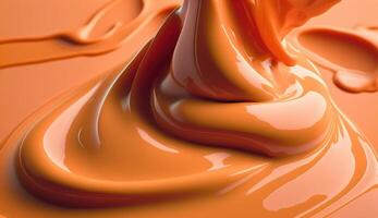 génératif ai, écoulement liquide avec éclaboussures dans abricot couleur. brillant crème caramel fluide bannière, 3d effet, moderne macro photoréaliste abstrait Contexte illustration.. photo