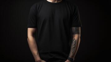 génératif ai, réaliste noir T-shirt moquer en haut Vide mettre sur Jeune homme, fond pour présentation publicité. Vide affaires concept photo