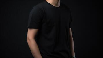 génératif ai, réaliste noir T-shirt moquer en haut Vide mettre sur Jeune homme, fond pour présentation publicité. Vide affaires concept photo
