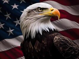 chauve Aigle avec Etats-Unis drapeau dans le Contexte. ai génératif photo