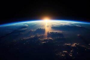 lever du soleil vue de le planète Terre de espace avec le Soleil réglage plus de le horizon. ai génératif photo