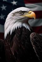 chauve Aigle avec Etats-Unis drapeau dans le Contexte. ai génératif photo