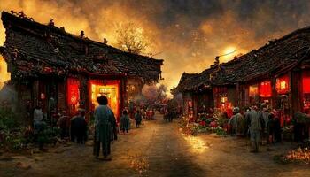 ancien chinois village, chinois Nouveau année, pêche fleur fleurir, multi feu d'artifice dans le ciel, animé marché, flétri des arbres. content Nouveau année concept. produire ai photo