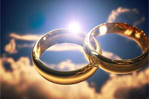une paire de or mariage anneaux flottant dans le ciel. deux mariage anneaux flottant dans le des nuages avec une Soleil dans le Contexte et une bleu ciel avec des nuages au dessous de eux. génératif ai. mariage concept. photo