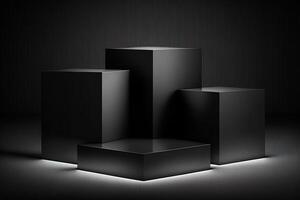 élégant Trois noir cube supporter pour produit placement maquette. foncé podium exposition scène Contexte. minimal boîte Plate-forme salle d'exposition avec place lumière génératif ai photo