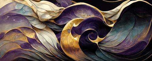 marbre effet Contexte ou texture. spectaculaire abstrait brillant d'or solide liquide vagues. tourbillonnant d'or et violet modèle, brillant d'or couleur, marbre géométrique, ancien. luxe Contexte photo