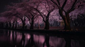 violet Cerise des arbres faire après pluie à nuit. ai généré photo