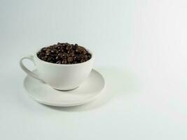 rôti arabica café haricots, prêt à faire café cette gens comme à boire. mis dans une blanc café tasse sur le Contexte. regards magnifique et appétissant. boire. photo