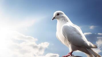 Pigeon séance sur une branche avec bleu ciel et des nuages Contexte. international paix journée concept, génératif ai photo