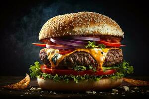 fermer de une juteux Burger avec frites, il Regardez très délicieux. gros sandwich - Hamburger avec juteux du boeuf Burger, fromage, tomate, et rouge oignon. photo